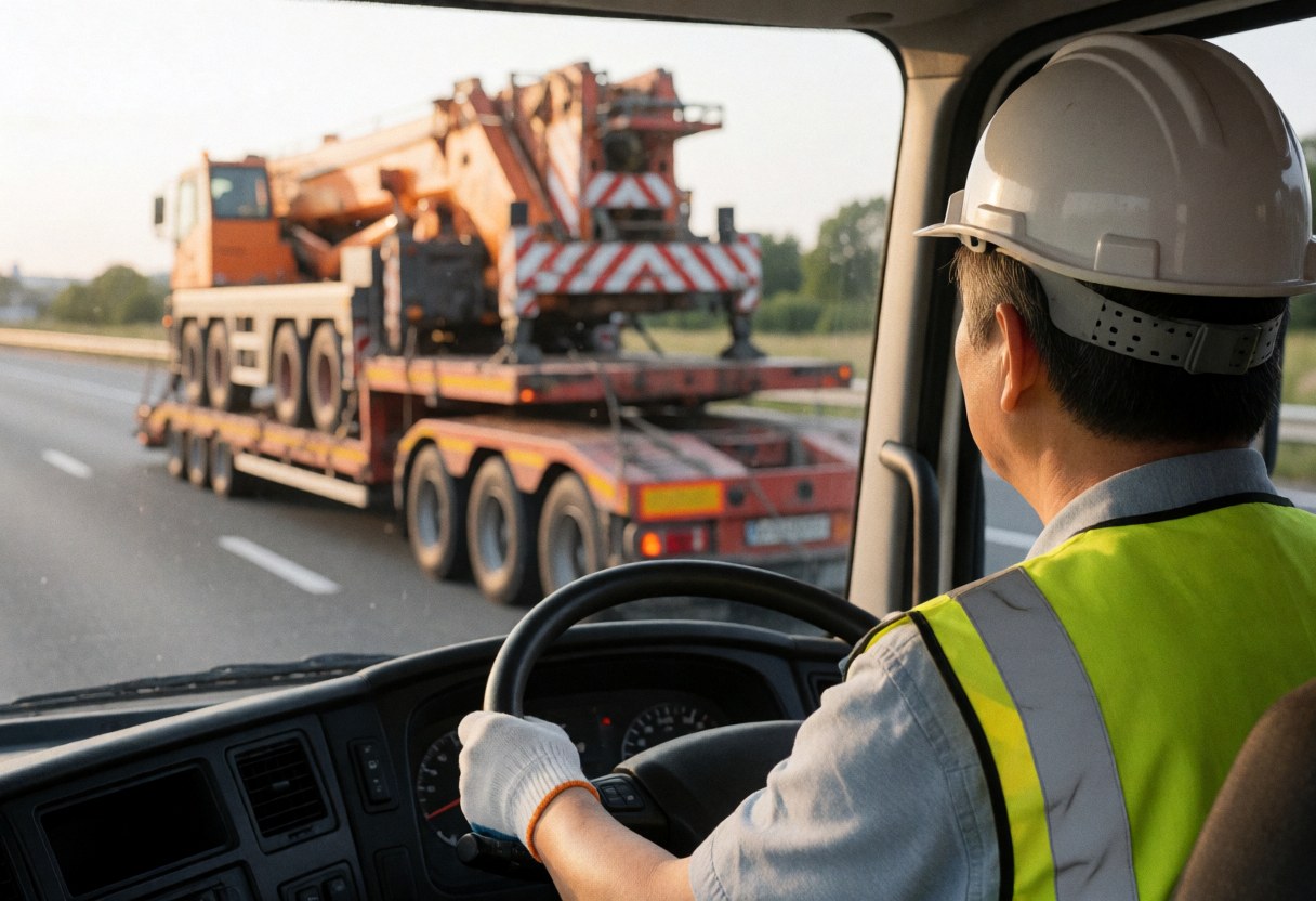 A crane truck driver wearing a hard hat and safety vest operates a tow truck on the highway during sunset.
