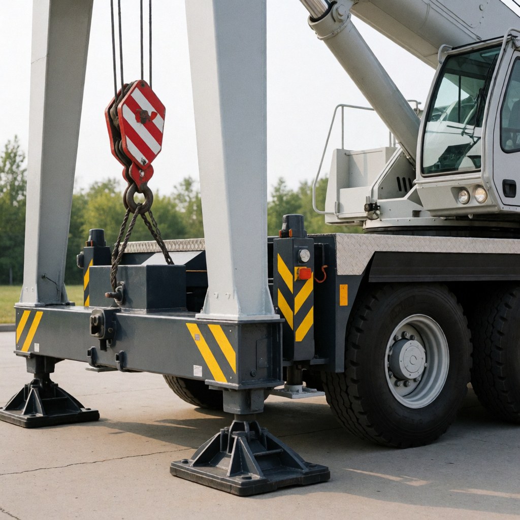 Industrial mobile crane featuring black stabilizer legs and a red and white lifting mechanism, positioned on a concrete surface within an industrial park surrounded by green trees.