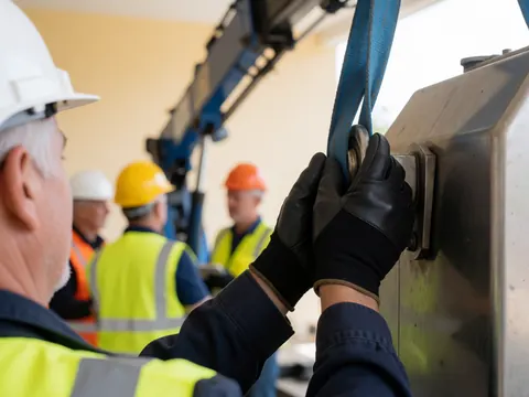 Close-up of a hand adjusting a blue lifting sling on industrial machinery, highlighting safety gear and crane operations in a blurred background.