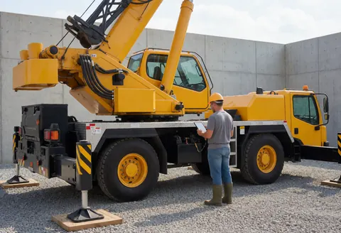 A worker in safety gear reviews a tablet near a yellow mobile crane on gravel with spreader beams ready for lifting