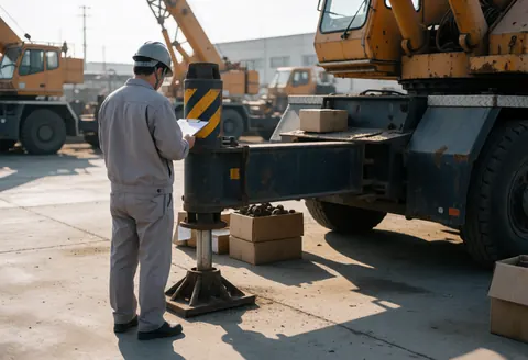 Technician in uniform and hard hat inspects yellow crane base in storage yard with boxes and shadows