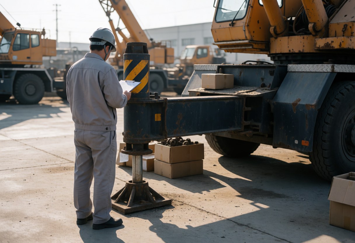 Technician in uniform and hard hat inspects yellow crane base in storage yard with boxes and shadows