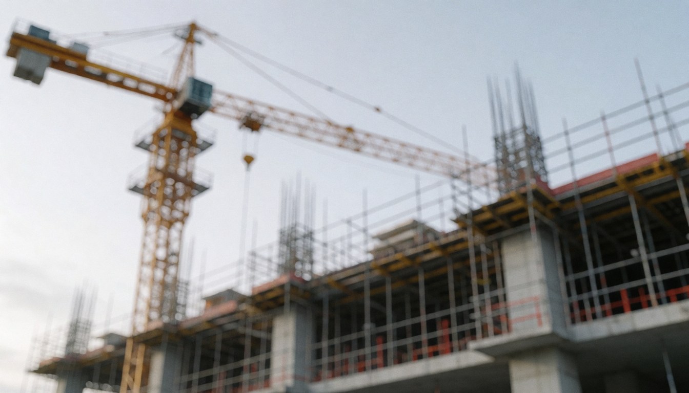 Yellow crane and scaffolding on a construction site with steel beams, ideal for commercial text backgrounds.