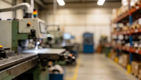 Out-of-focus industrial workshop background featuring machinery and shelving with warm lighting, providing ample space for commercial text overlays.