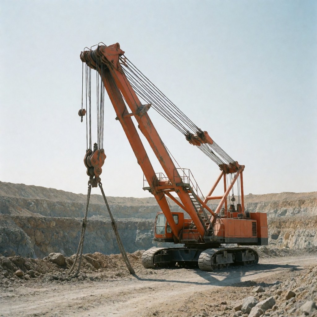 Orange mining mobile crane with visible cables and boom situated on open terrain, suitable for mining industry operations