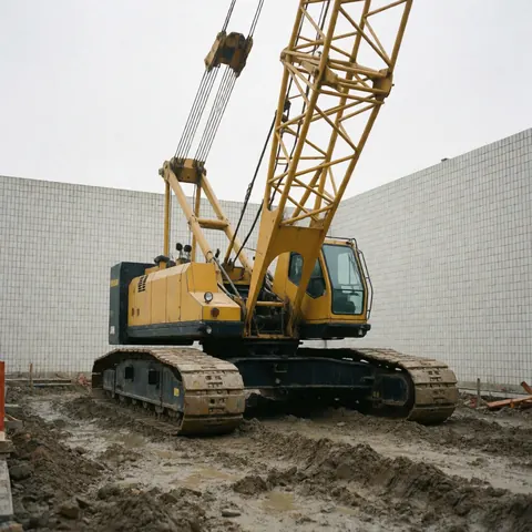 Yellow wheeled construction crane positioned on muddy ground near a white tiled wall under overcast lighting