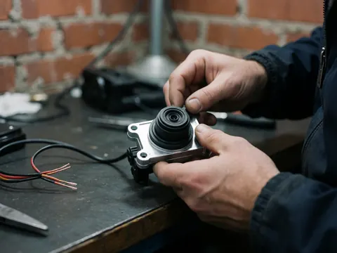 Hand adjusting black seal ring on reverse camera on work table with tools and wires against red brick wall