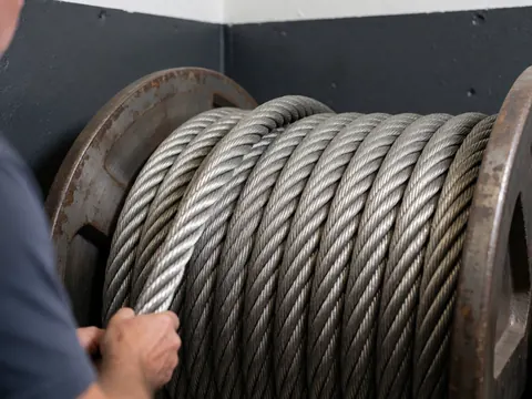 Close-up of a hand adjusting a thick steel cable on a coil against a gray wall, highlighting industrial texture and heavy-duty equipment details.
