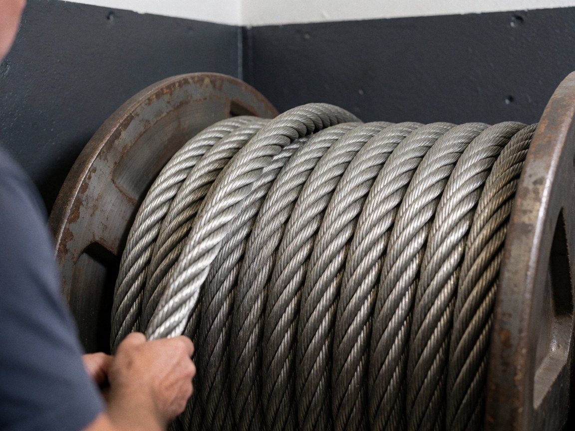 Close-up of a hand adjusting a thick steel cable on a coil against a gray wall, highlighting industrial texture and heavy-duty equipment details.