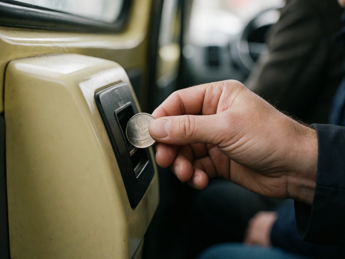 Close-up of an adult hand dropping a coin into the payment box of a tour bus, showing the transaction process in public transport.