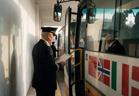 Tour bus driver reviews passenger list with clipboard while parked at terminal during sunset