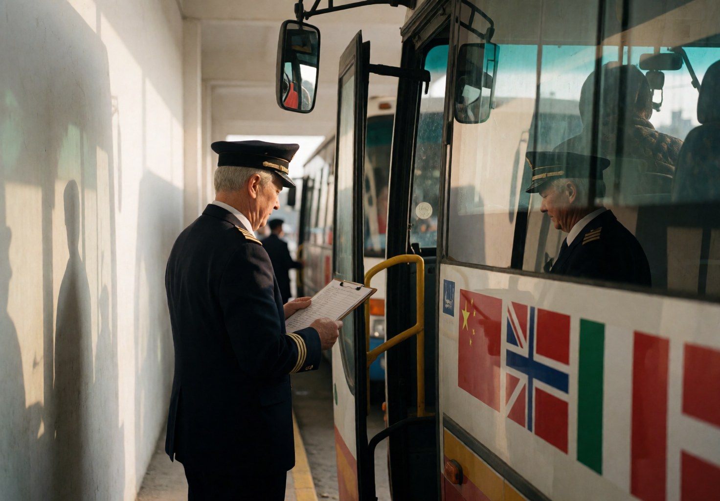 Tour bus driver reviews passenger list with clipboard while parked at terminal during sunset