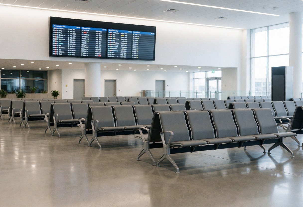 Spacious empty bus terminal interior featuring gray seating rows, polished floor, and a large digital departure board for travelers.