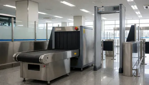 Professional background of a bus terminal with a metal detector and conveyor belt. Polished floor, fluorescent lighting, and clean environment without people.