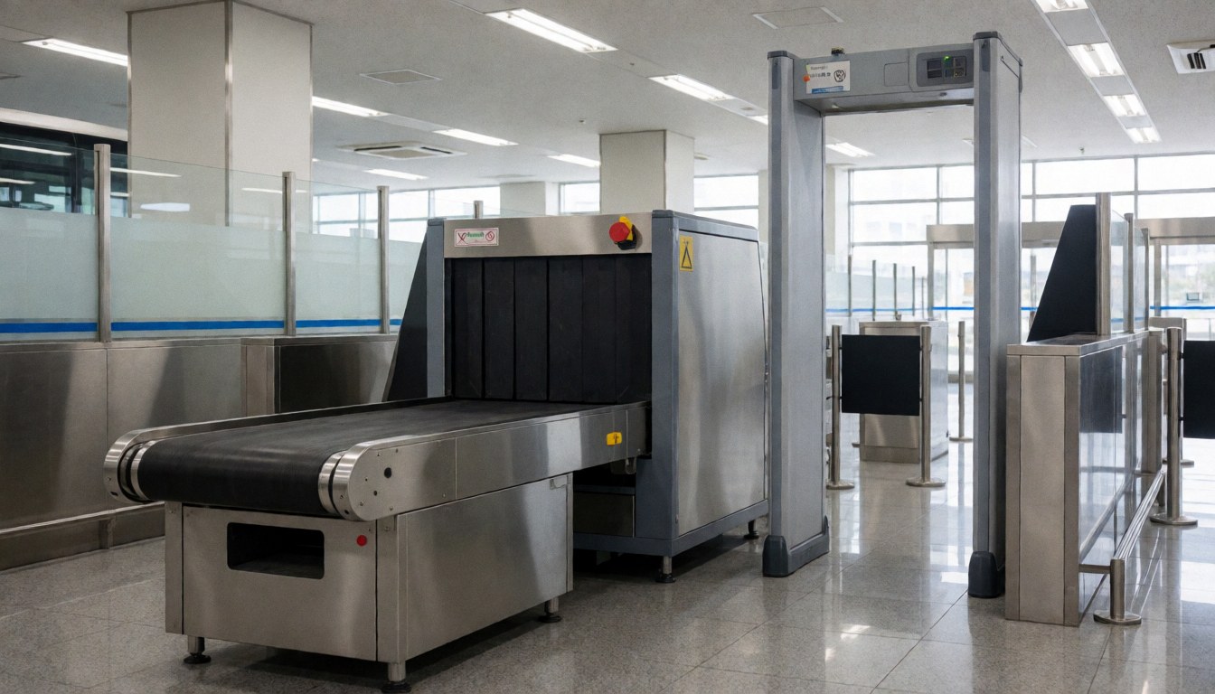 Professional background of a bus terminal with a metal detector and conveyor belt. Polished floor, fluorescent lighting, and clean environment without people.