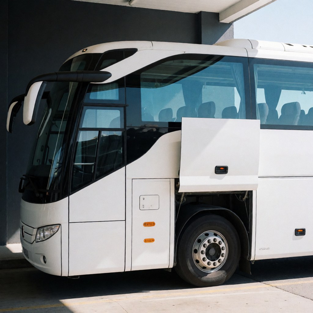 White tour bus parked at terminal with gray walls, tinted windows, and visible wheels under sunlight.