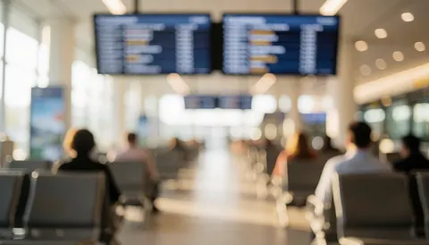 Blurred background of a bus terminal with departure screens and empty seats, ideal for travel service text overlays