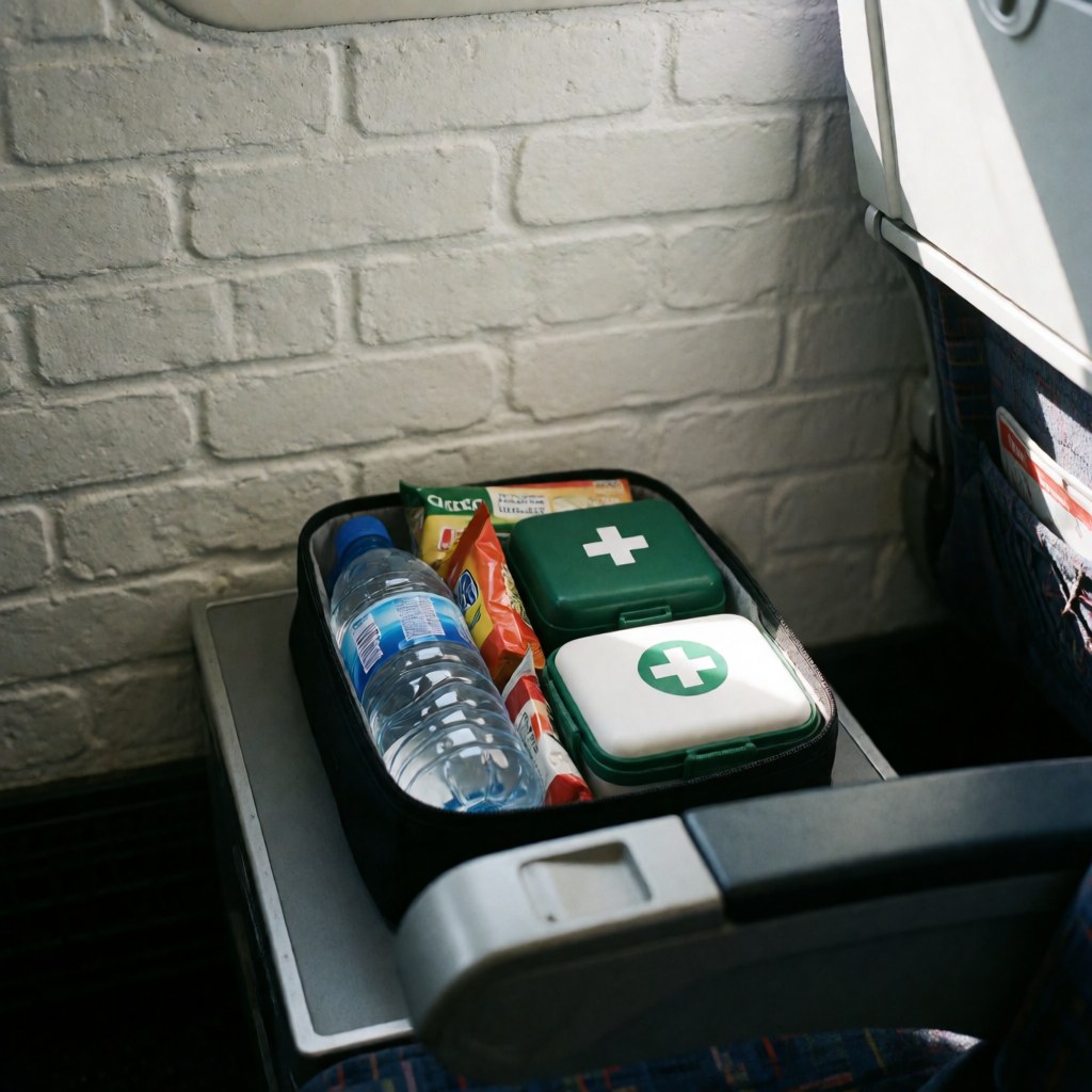 Travel kit containing water, snacks, and first aid supplies arranged on a bus seat against a white brick wall with natural lighting