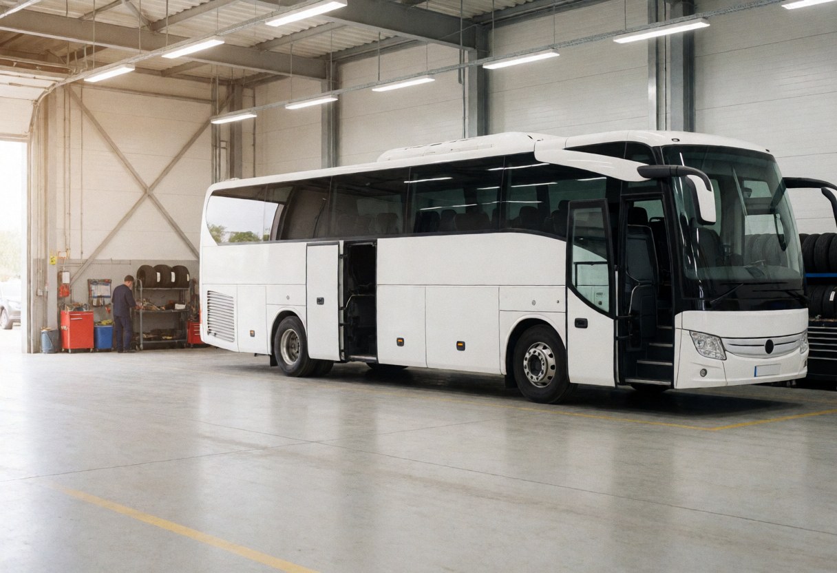 A white tour bus parked in a clean industrial maintenance shop with a mechanic working near tools and tires.
