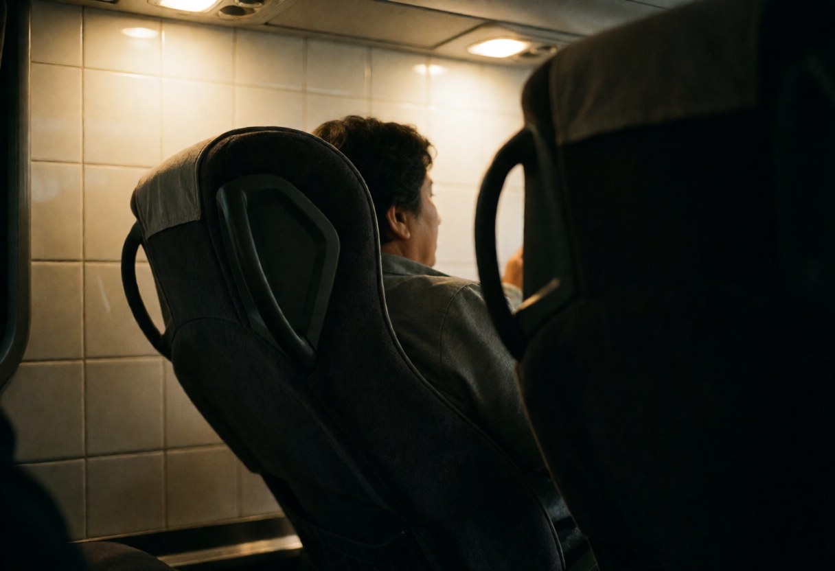 A passenger seated in a reclined chair inside a tour bus with tiled walls and warm lighting creating a comfortable atmosphere for night travel