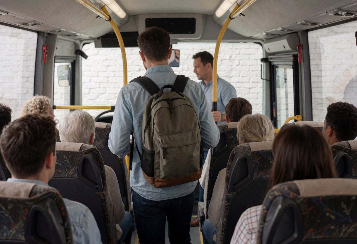A tourist carrying a backpack steps onto a tour bus while a guide assists. Visible seats and white brick walls create a welcoming atmosphere inside the vehicle.