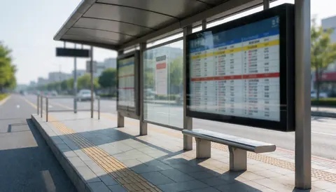 Empty modern bus stop featuring a digital information board, metal bench, and gray tiled floor under natural light