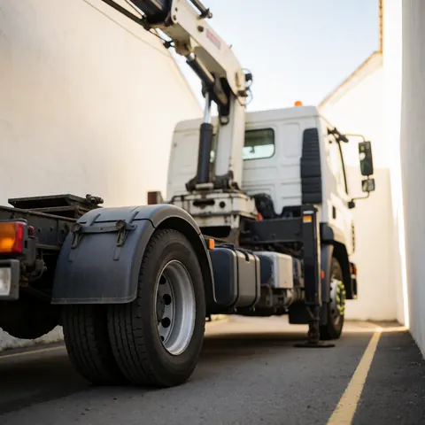 White crane truck parked on a street with a crane in the background, white walls, and bright light, ideal for vehicle recovery services.