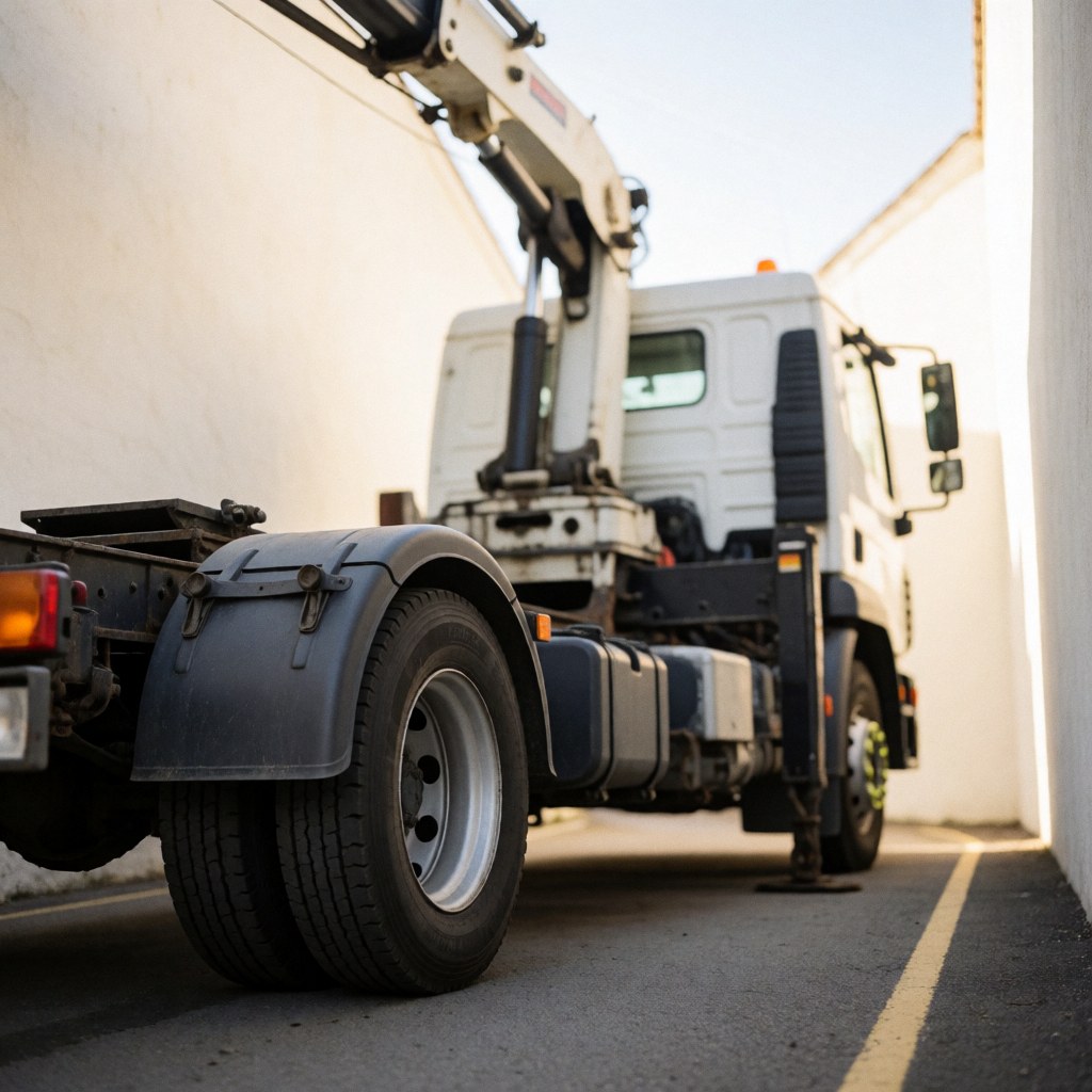 White crane truck parked on a street with a crane in the background, white walls, and bright light, ideal for vehicle recovery services.