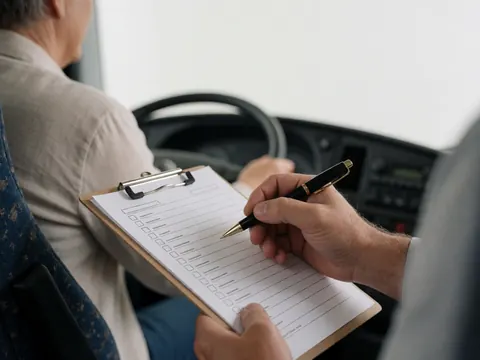 Close-up of a hand holding a clipboard with a checklist inside a tour bus, with a blurred steering wheel and dashboard in the background.