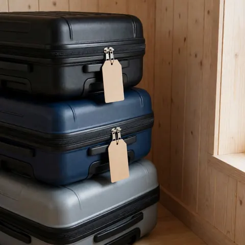 Three hard suitcases stacked vertically, featuring black, blue, and gray colors, adorned with brown paper tags against a light wood wall with natural side lighting.