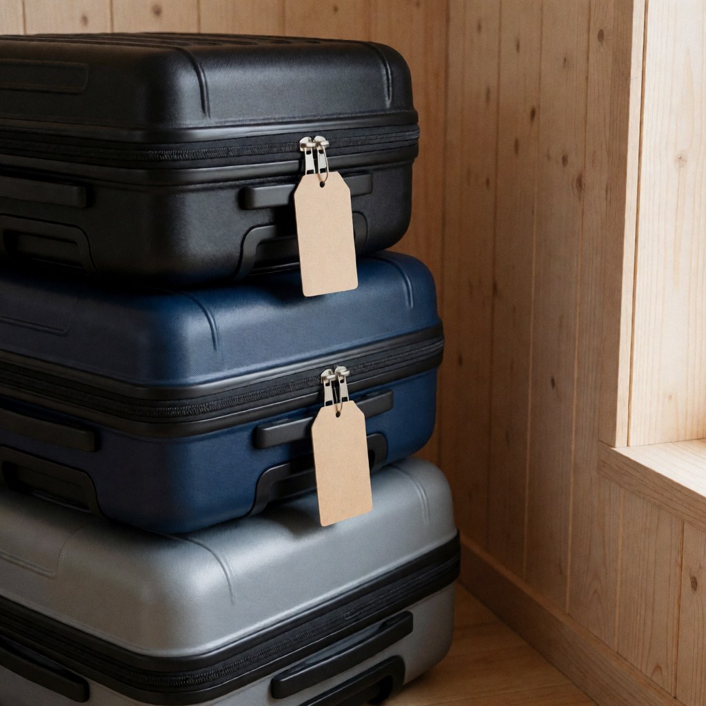 Three hard suitcases stacked vertically, featuring black, blue, and gray colors, adorned with brown paper tags against a light wood wall with natural side lighting.