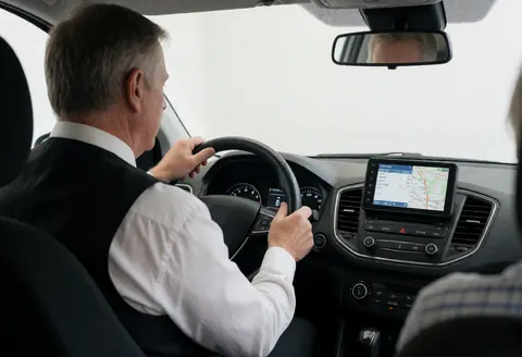 Public transport driver reviewing a gps navigation map on the dashboard while keeping hands on the steering wheel in natural light