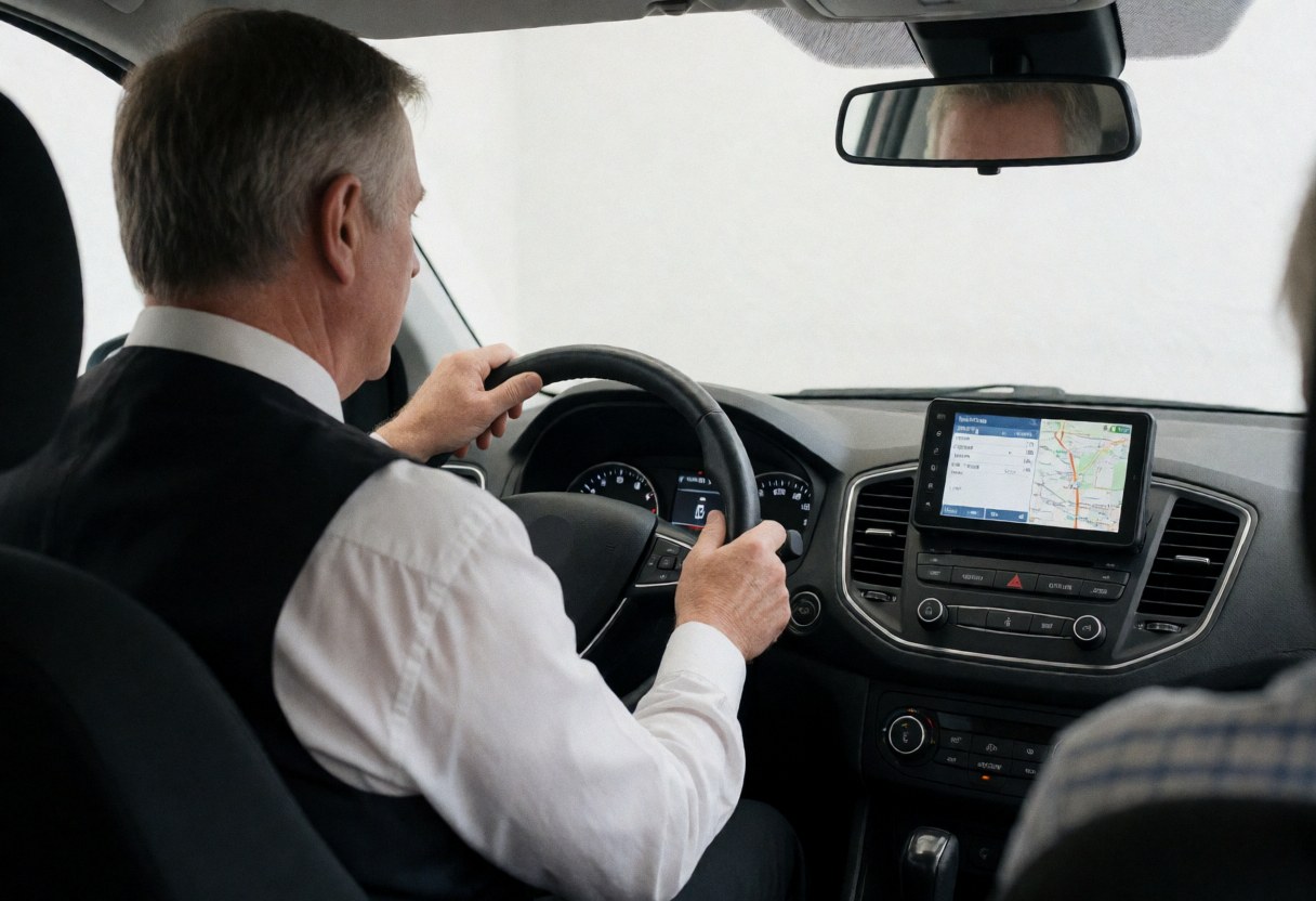 Public transport driver reviewing a gps navigation map on the dashboard while keeping hands on the steering wheel in natural light