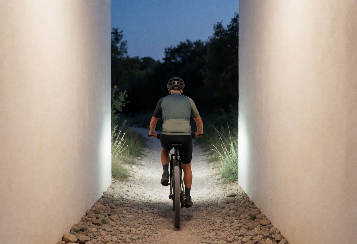 A mountain biker wearing a helmet and technical jersey pedals along a rocky trail between white walls at sunset, with the headlight illuminating the path ahead.