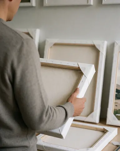 A satisfied client inspects a white framed canvas in a warm professional art studio with artwork on the walls