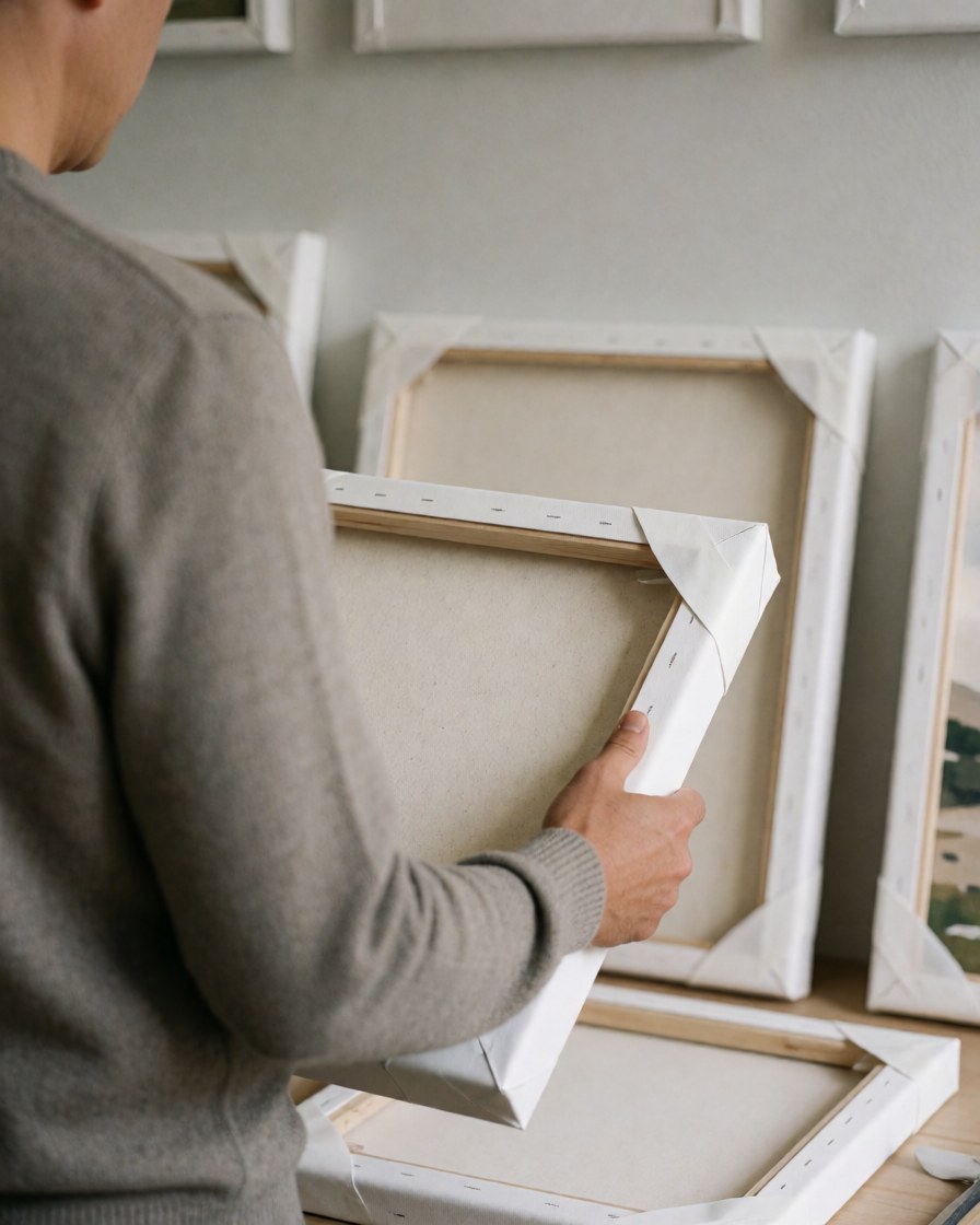 A satisfied client inspects a white framed canvas in a warm professional art studio with artwork on the walls