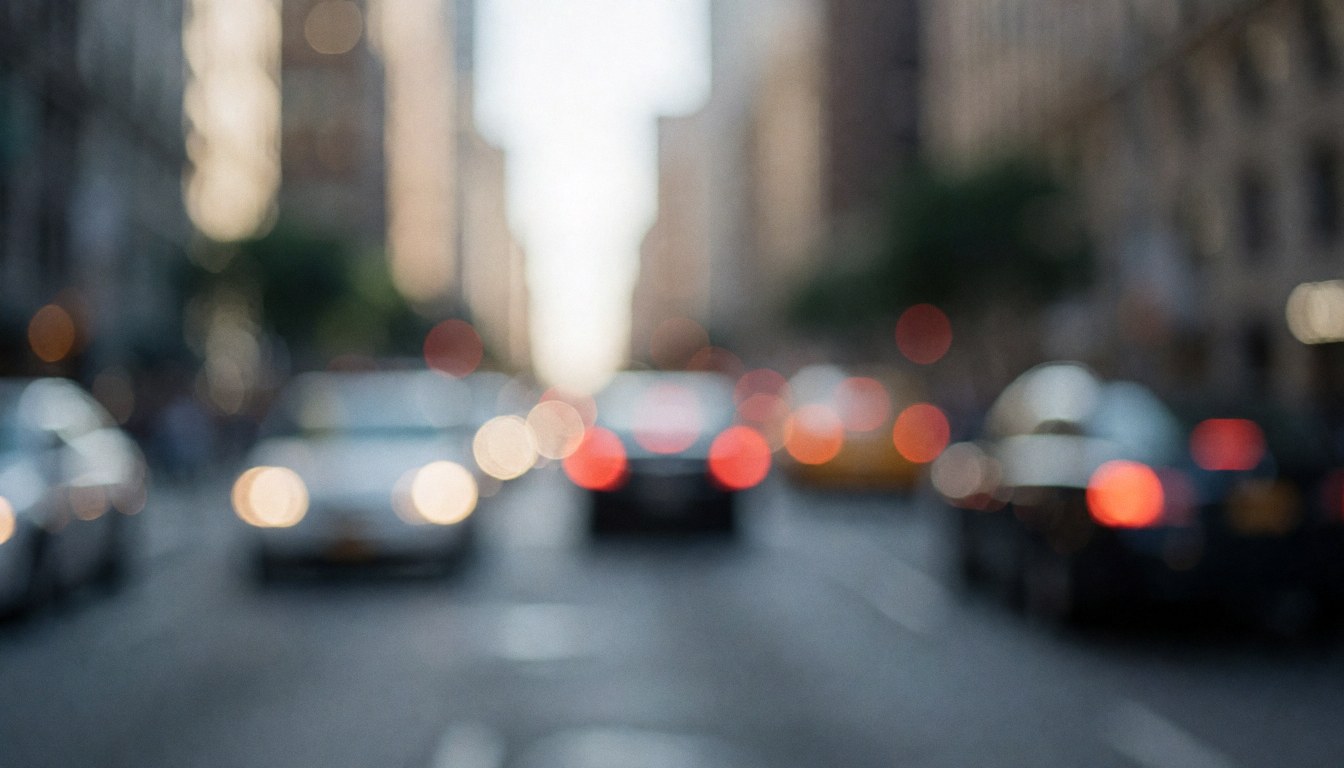 Urban background featuring out-of-focus car lights and blurry buildings in gray and blue tones, suitable for website text overlays.