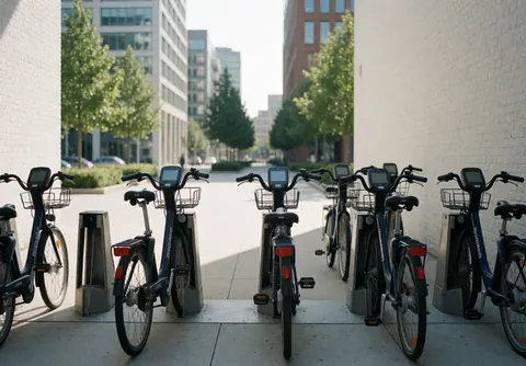 Neatly arranged modern urban bicycles ready for use, featuring baskets, digital screens, and wheels in a city setting with buildings and trees.