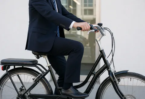 Professional man in a suit riding a cargo bicycle in front of an office building during morning light for eco-friendly transport