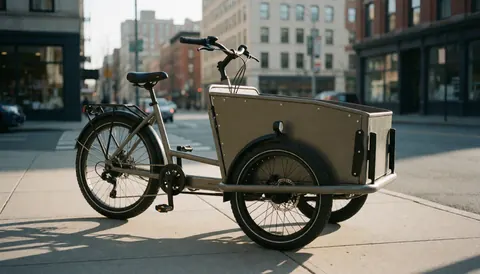 Sturdy cargo bike with metal box parked on urban sidewalk, morning light, building background, ideal for eco-friendly city transport