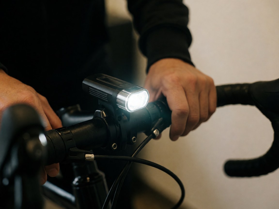 Close-up of a bright LED light on a bicycle handlebar with hands adjusting the cable against a dark background and warm wall.