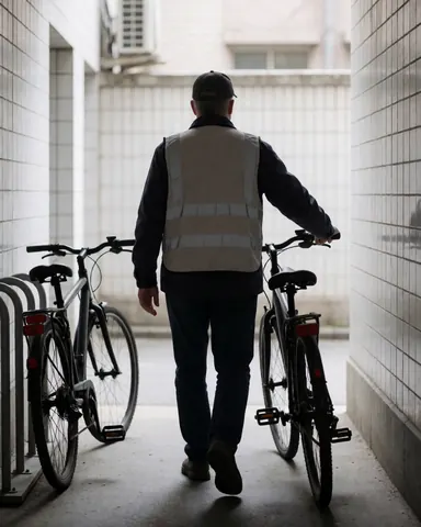 Professional cyclist standing with a bicycle on an urban rack, wearing reflective gear against white tiled walls in a quiet alley.