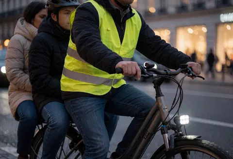 Cyclist wearing a reflective vest and LED lights on an urban bicycle with passengers in the back against a city background with lights