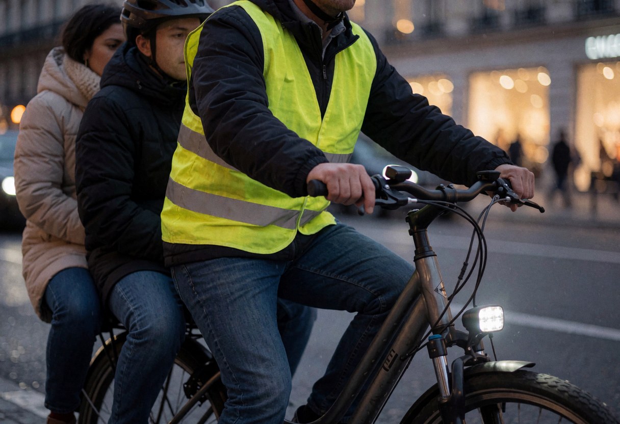 Cyclist wearing a reflective vest and LED lights on an urban bicycle with passengers in the back against a city background with lights
