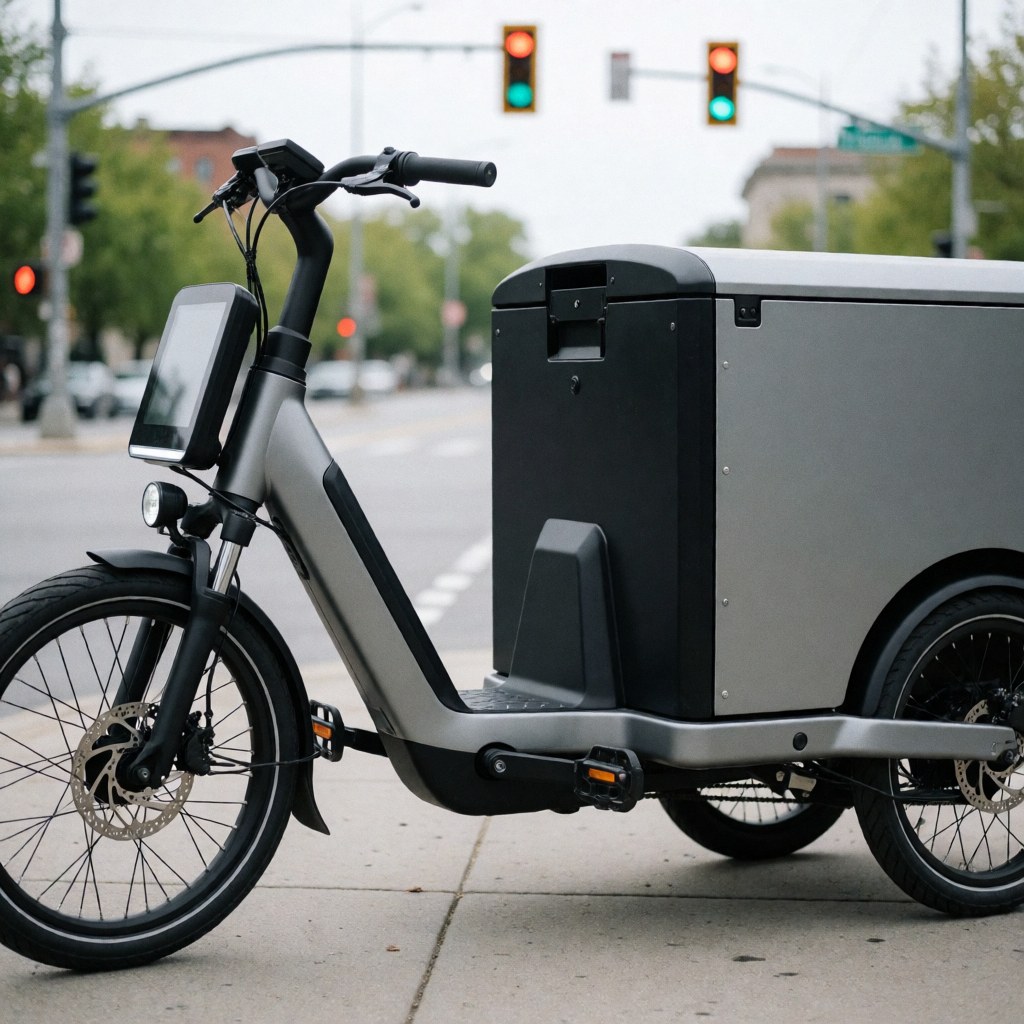 Modern electric cargo bike with box parked on city sidewalk, urban background with traffic lights and vehicles