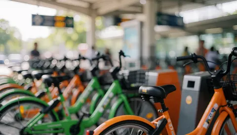 Orange and green bicycles parked at a transport point with a blurred background featuring natural light and station structures