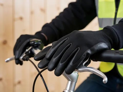 Close-up of black gloves on a bicycle handlebar, featuring reflective vest, light wood, sunlight, and leather and metal details.