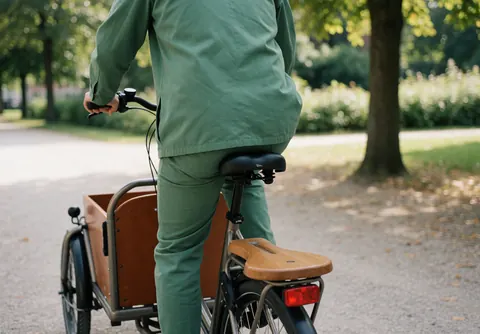 Person in green uniform riding a green cargo bike with a wooden seat in a park with blurred trees.
