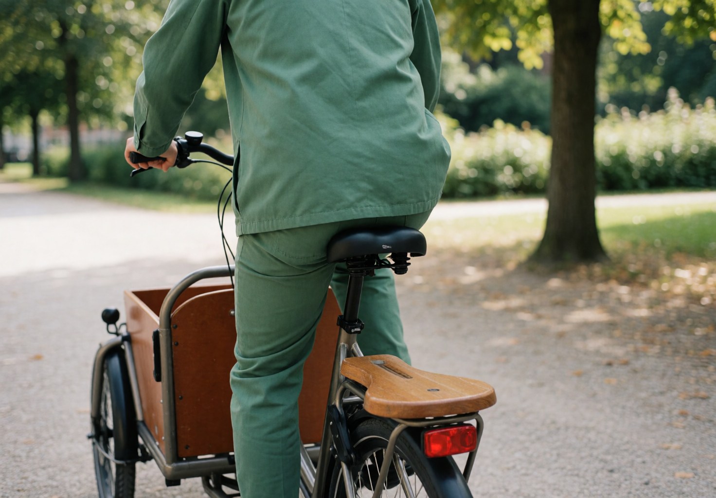 Person in green uniform riding a green cargo bike with a wooden seat in a park with blurred trees.
