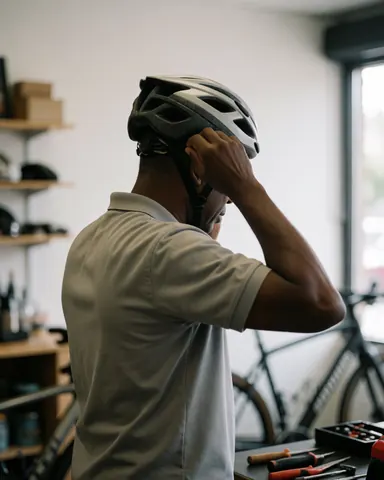 A cyclist adjusts his safety helmet inside a bicycle shop with tools and bikes visible in the blurred background.